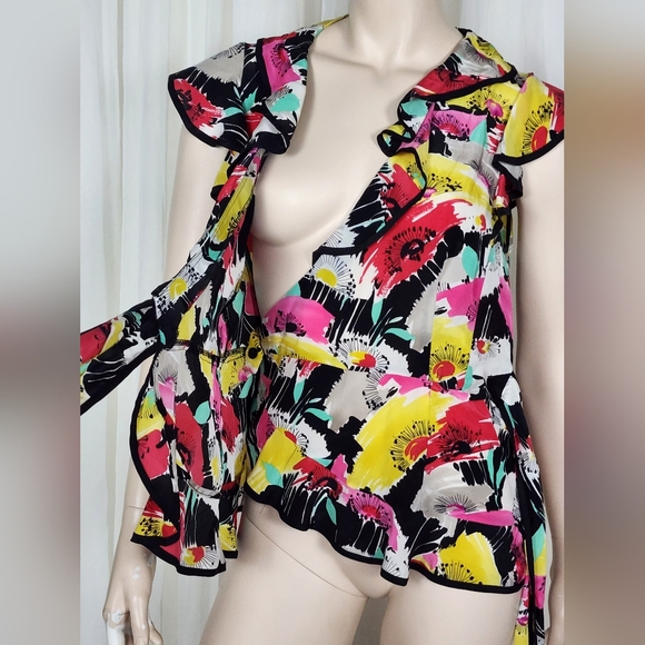 Nanette Lepore silk ruffled wrap tie floral top blouse M/10 - Picture 5 of 11